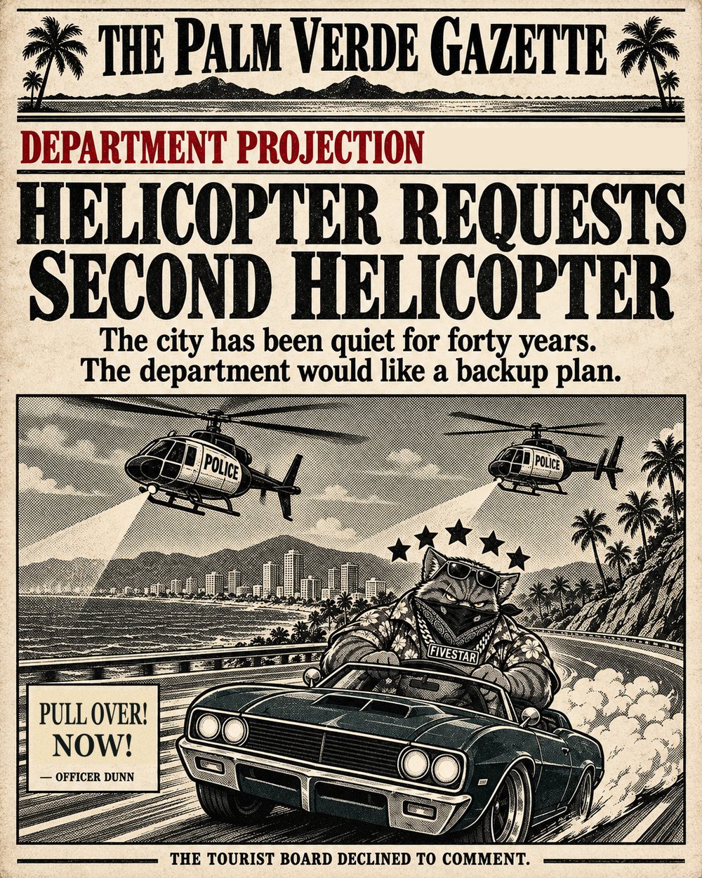 The Palm Verde Gazette, department projection: HELICOPTER REQUESTS SECOND HELICOPTER. The city has been quiet for forty years. The department would like a backup plan.