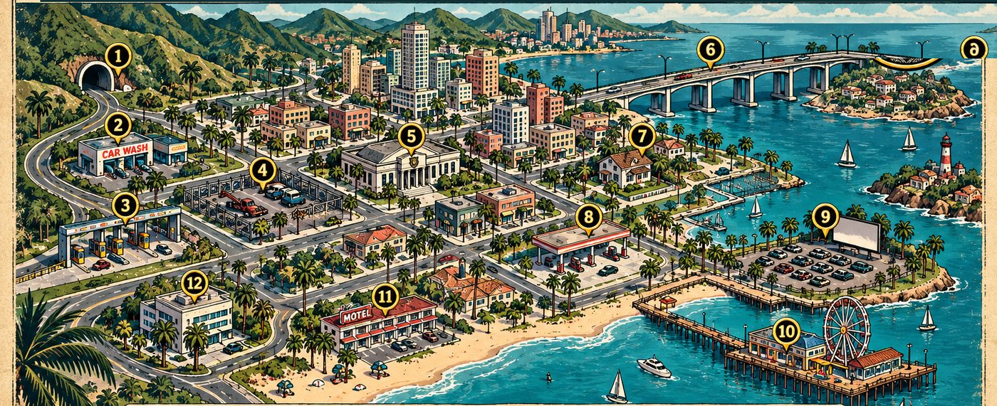 Map of Palm Verde with twelve numbered places: the tunnel, Tony's car wash, Route 9 toll booth, the impound lot, the precinct, the bridge, his mother's house, the gas station, the drive-in, the pier, Motel Cinco, the review board