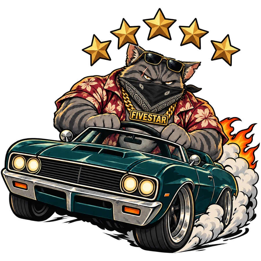 Fivestar, a grey cat in a floral shirt and bandana with five gold stars over his head, driving a teal muscle car
